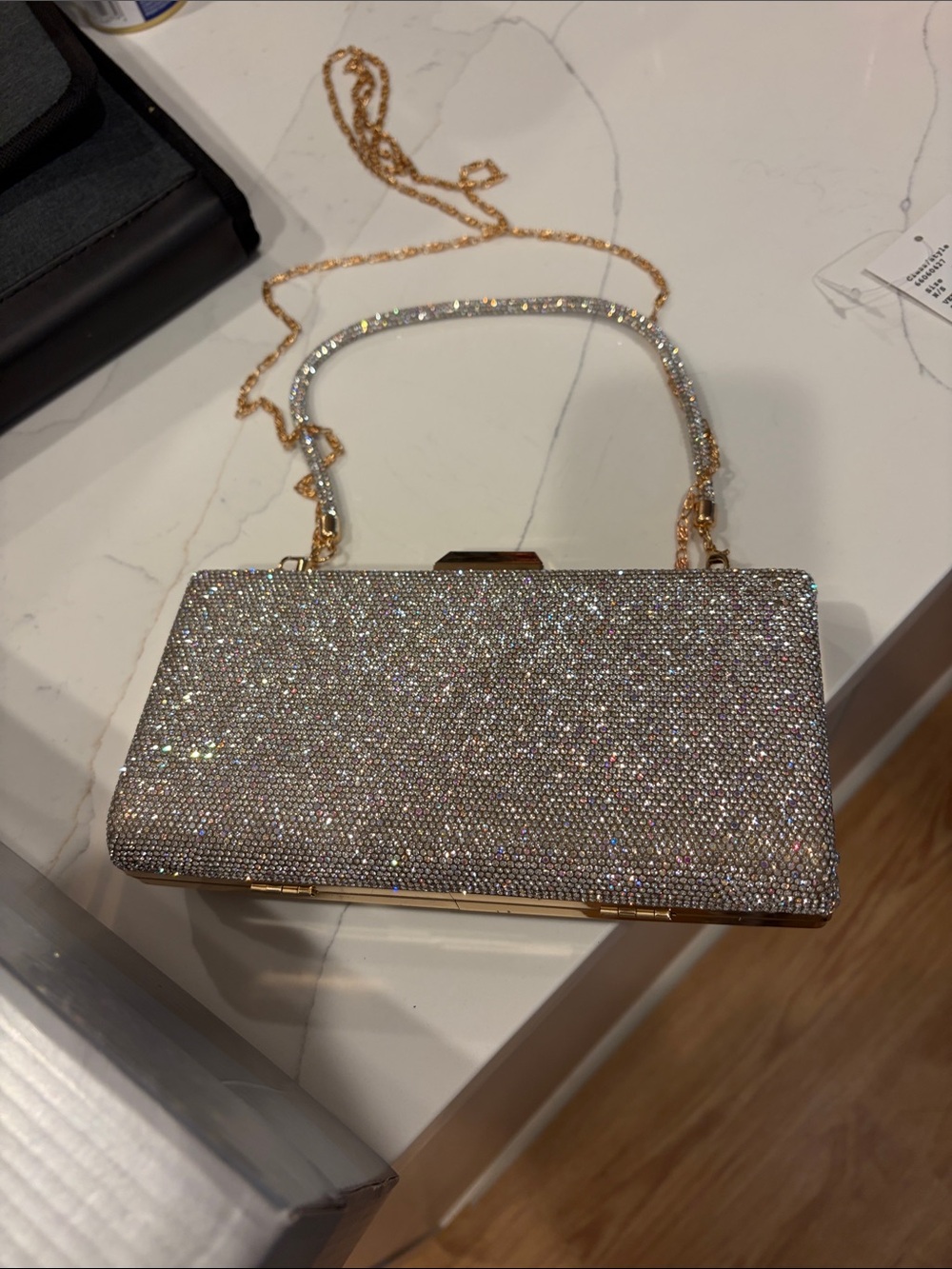 Crystal-Embellished Silver Evening Clutch with Gold Chain